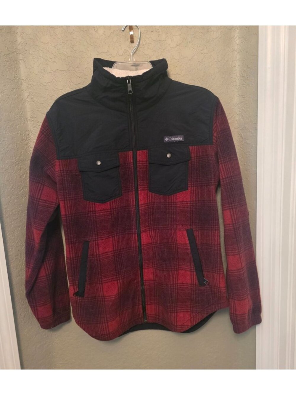 Columbia Ladies Red Black Buffalo Plaid Fleece Full Zip Shacket M GUC